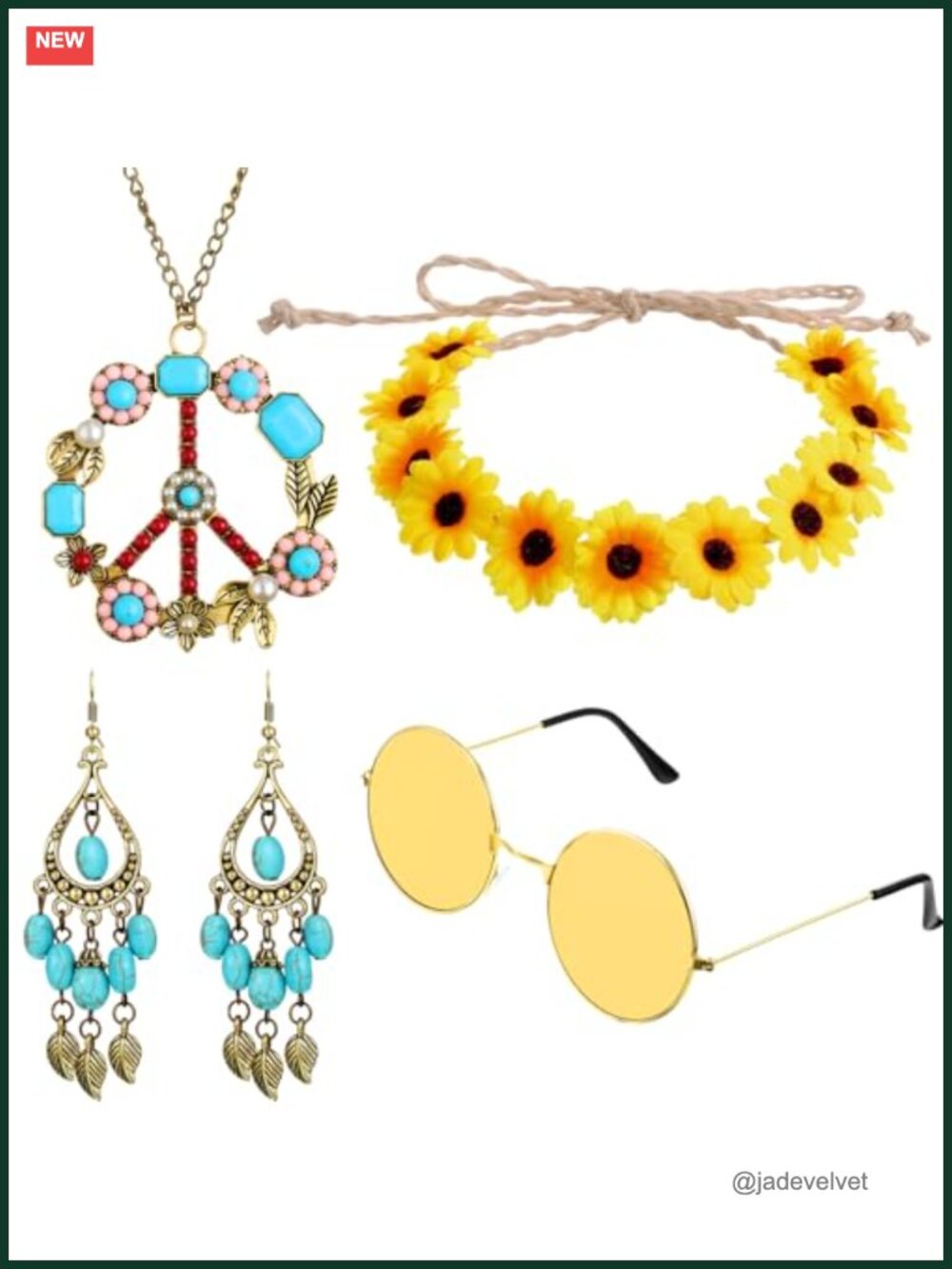 70s Hippie Costume Accessories Set Peace Necklace Earrings Glasses Headband